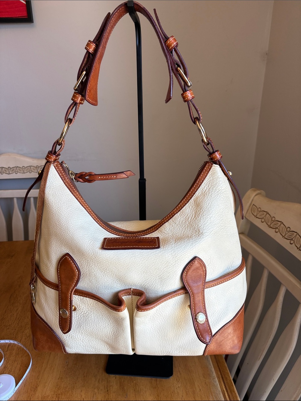Dooney & Bourke large Cream and Brown Leather-Trim Shoulder Bag